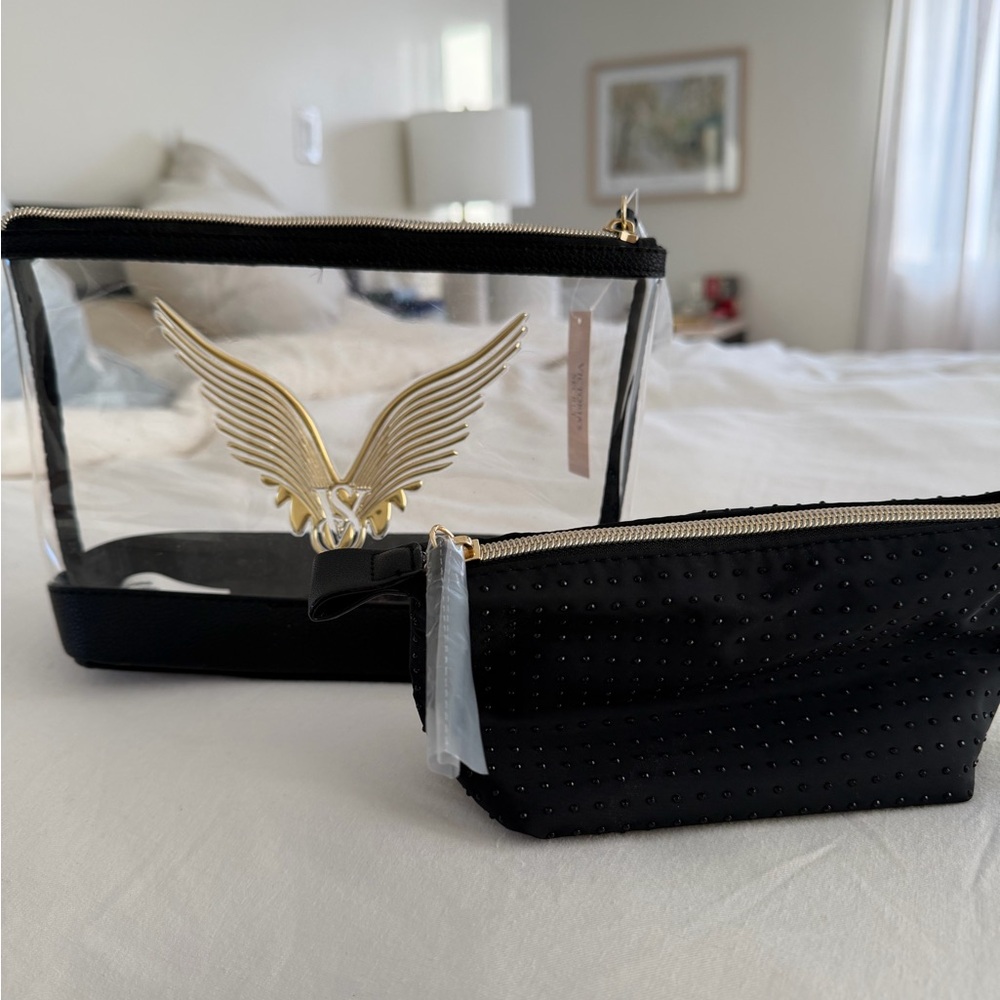 Clear and Black Winged Victoria Secret Logo Cosmetic Bag Set